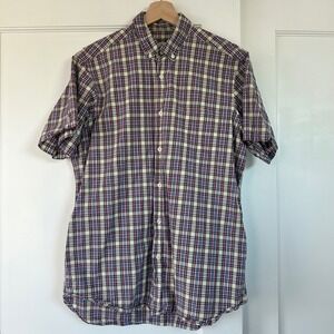 Steven Alan Mens Plaid Short Sleeve‎ Button Down Shirt Made in USA Red Blue M